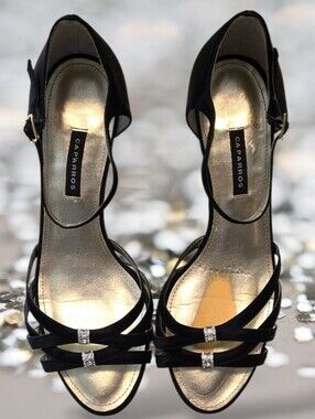 VINTAGE CAPARROS ELEGANT BLACK SATIN STRAPPY HEELS WITH RHINESTONES, SIZE 9